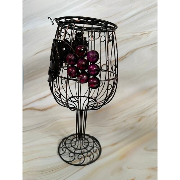 Wine Glass Cork Holder 12" x 6" Grapevine Black Metal Wire Cage Bar Decor - Picture 2 of 9